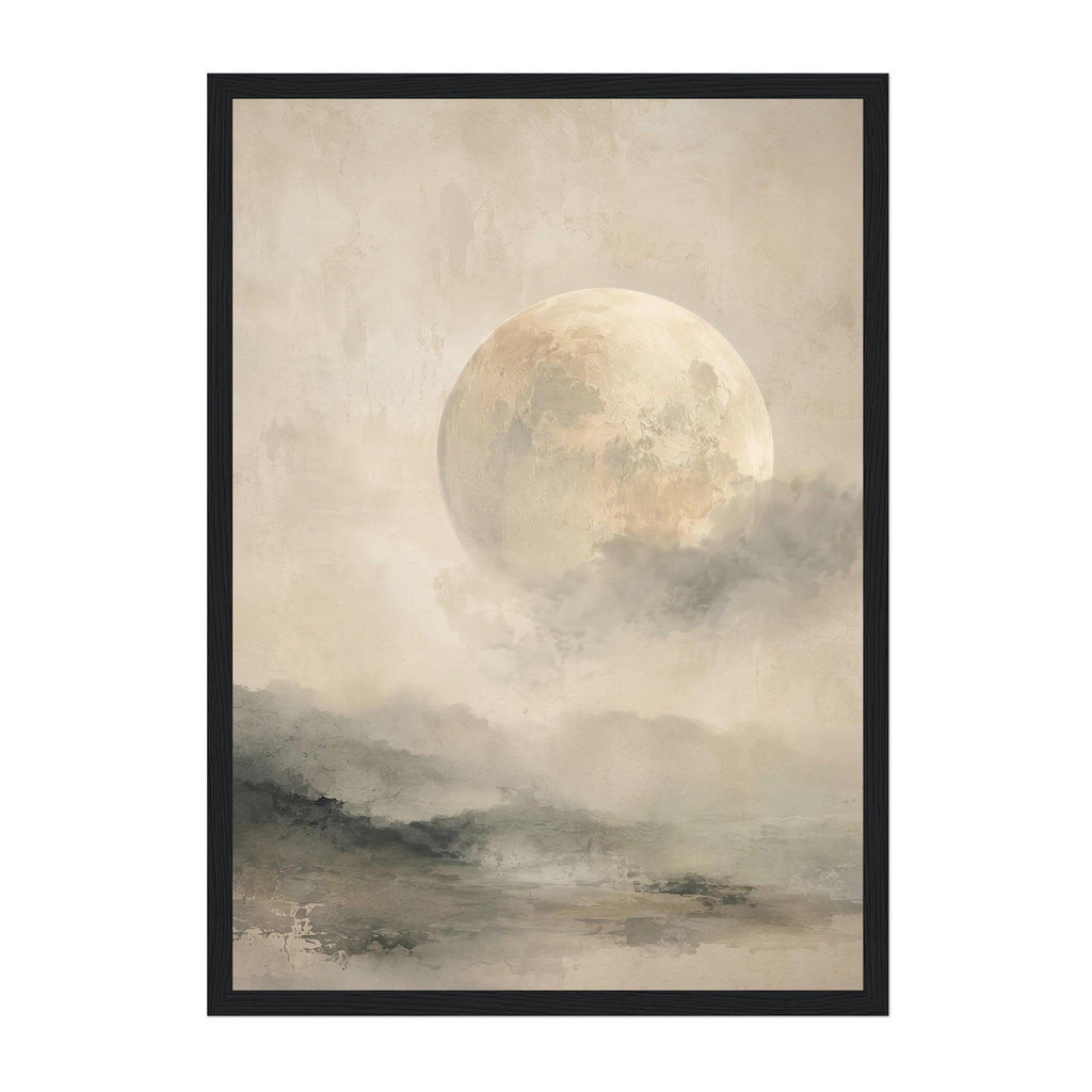 A framed art print depicting a large, textured moon glowing above misty, dark landscape hills under a cloudy sky, presented in a black frame against a white background.