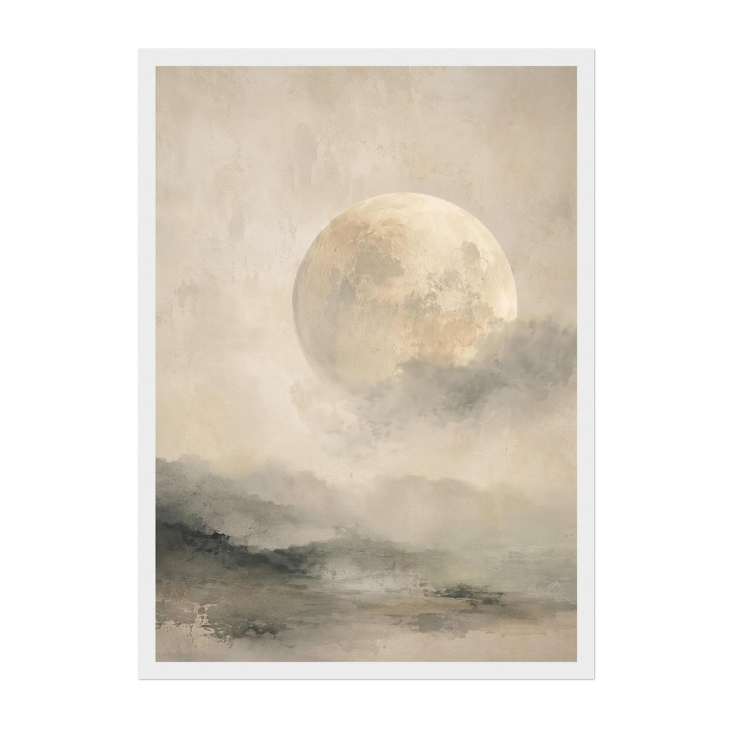 A vertical art print featuring a large, textured pale moon rising above misty, watercolor-style hills in soft beige, gray, and brown tones, shown with a white border against a white background.