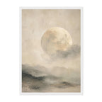 A vertical art print featuring a large, textured pale moon rising above misty, watercolor-style hills in soft beige, gray, and brown tones, shown with a white border against a white background.