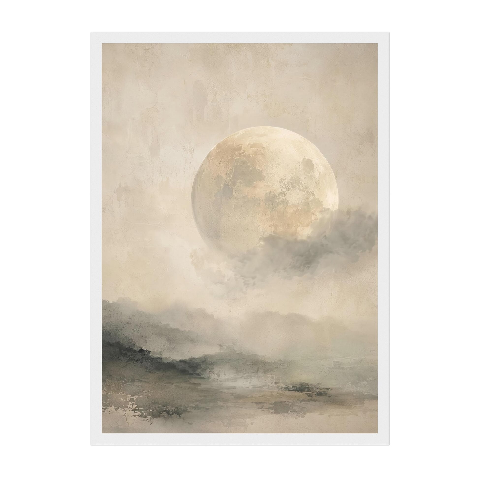 A vertical art print featuring a large, textured pale moon rising above misty, watercolor-style hills in soft beige, gray, and brown tones, shown with a white border against a white background.