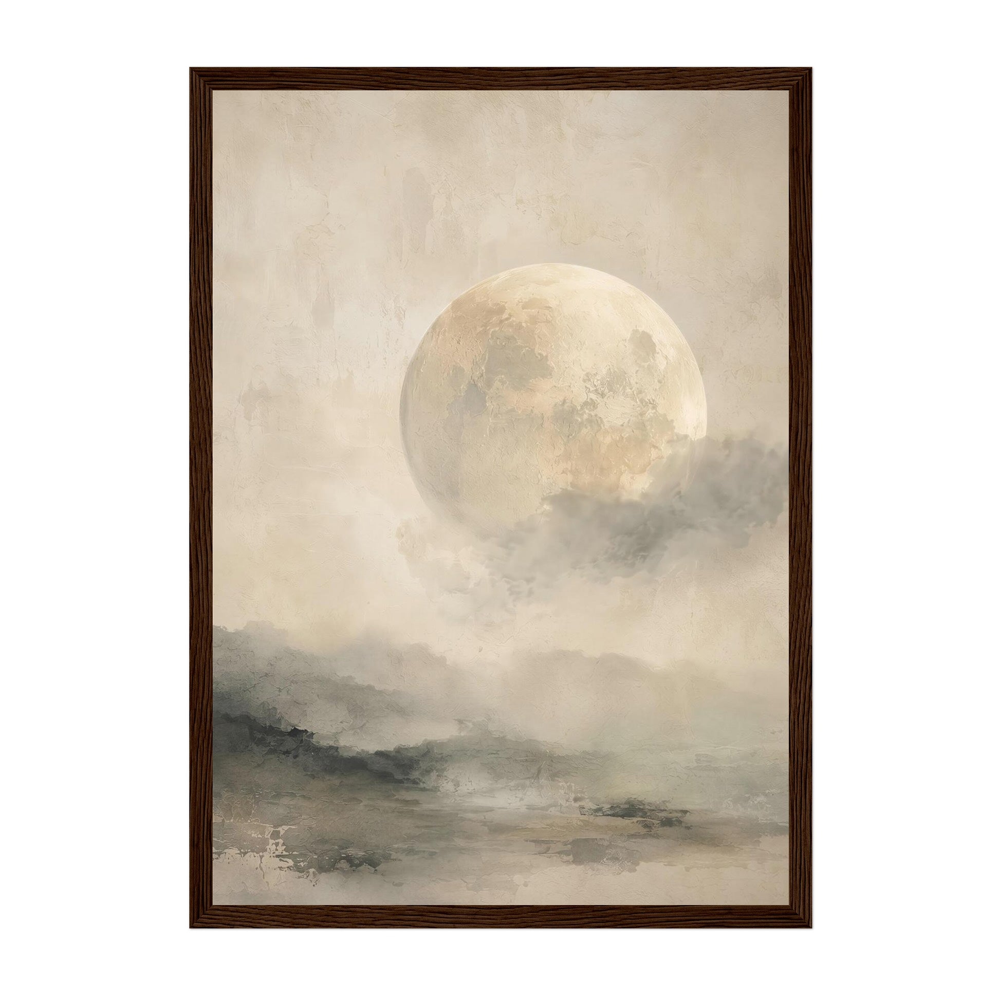Framed wall art featuring a large pale moon glowing above misty, soft-focus hills in muted beige, gray, and brown tones, enclosed in a dark brown rectangular frame.