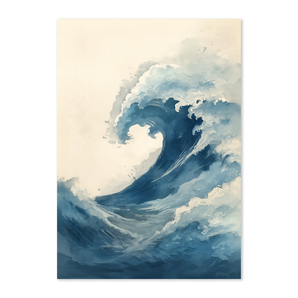 Artistic depiction of a large wave with blue and white colors on a beige background