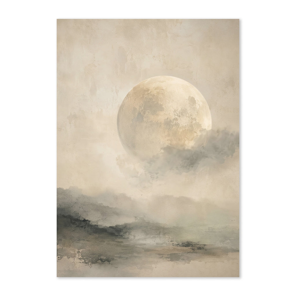 neutral moon wall art print with misty landscape minimal japandi decor