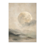 neutral moon wall art print with misty landscape minimal japandi decor
