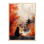 Japanese Cat Temple Art Print: Red Autumn Mist Pagoda City Scene