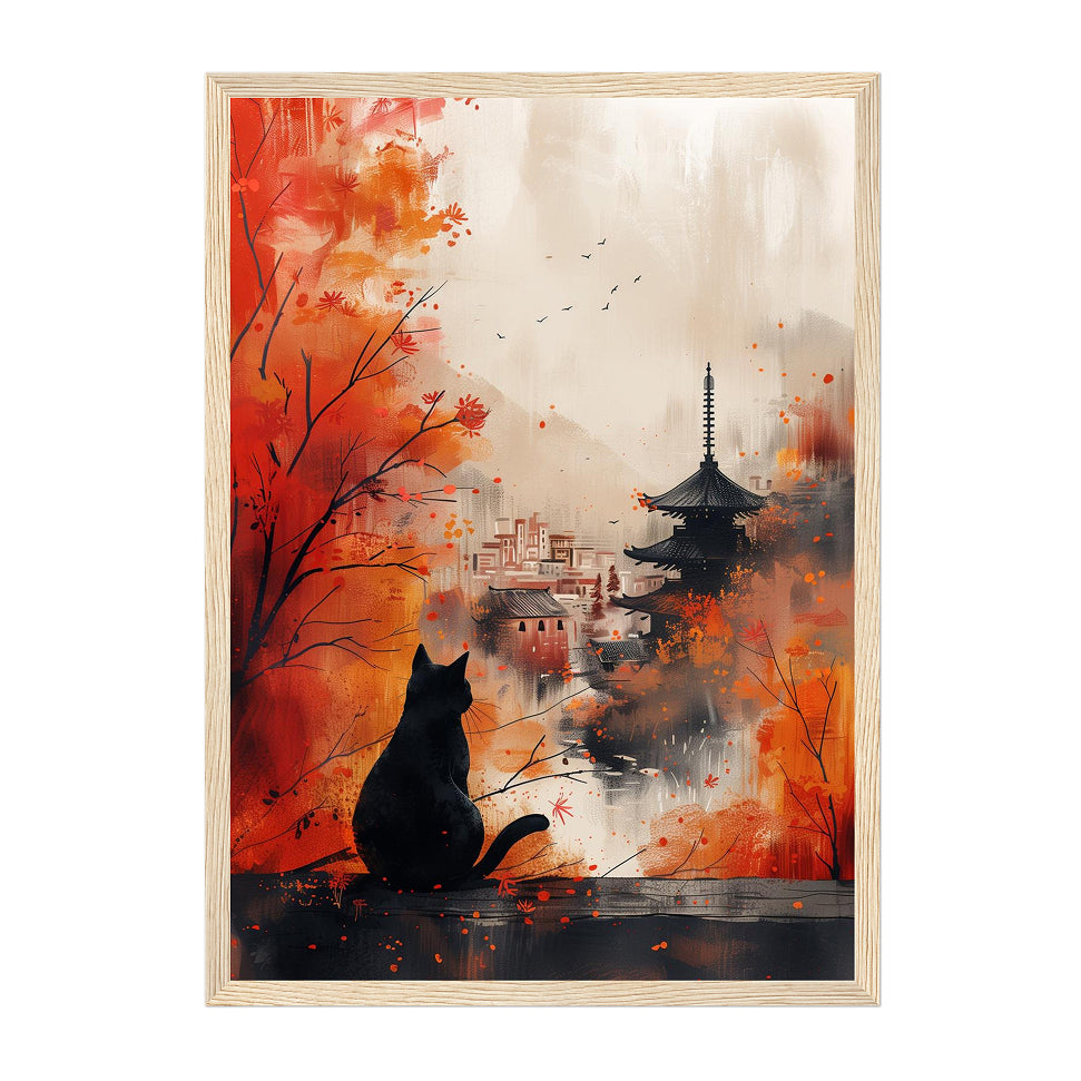 Japanese Cat Temple Art Print: Red Autumn Mist Pagoda City Scene