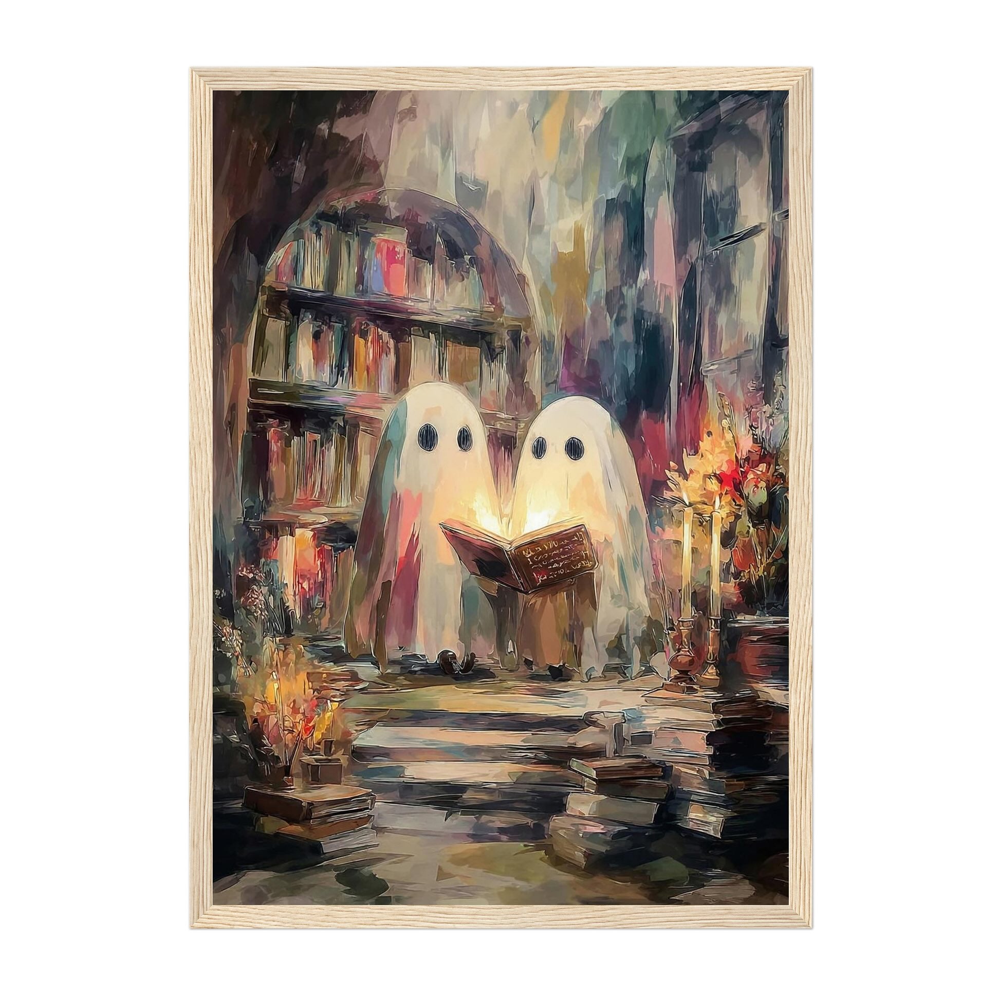 A framed art print featuring an impressionistic painting of two white ghosts reading a glowing book in a dimly lit library with bookshelves and candles.