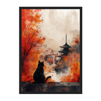 Japanese Cat Temple Art Print: Red Autumn Mist Pagoda City Scene