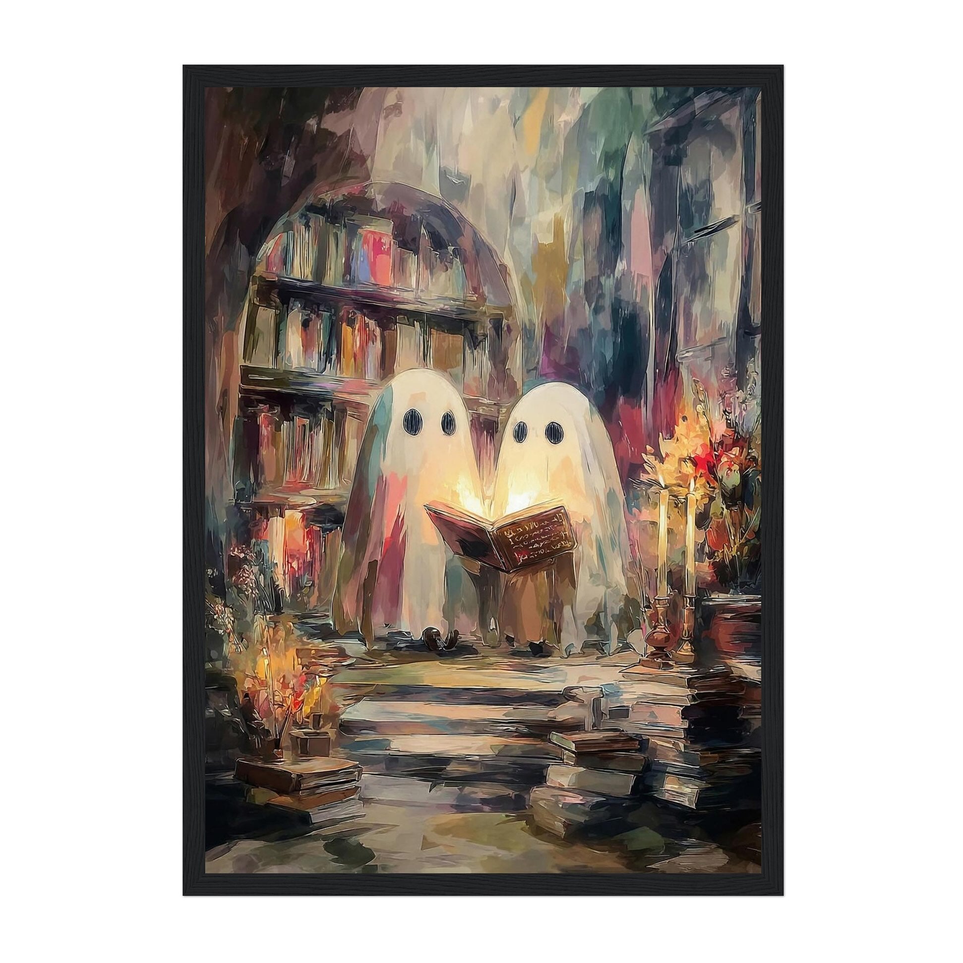 A framed art print featuring an impressionistic painting of two white ghost-like figures with large black eyes reading a glowing book in a dimly lit library filled with books and candles.