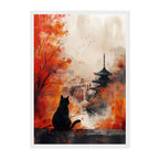 Japanese Cat Temple Art Print: Red Autumn Mist Pagoda City Scene
