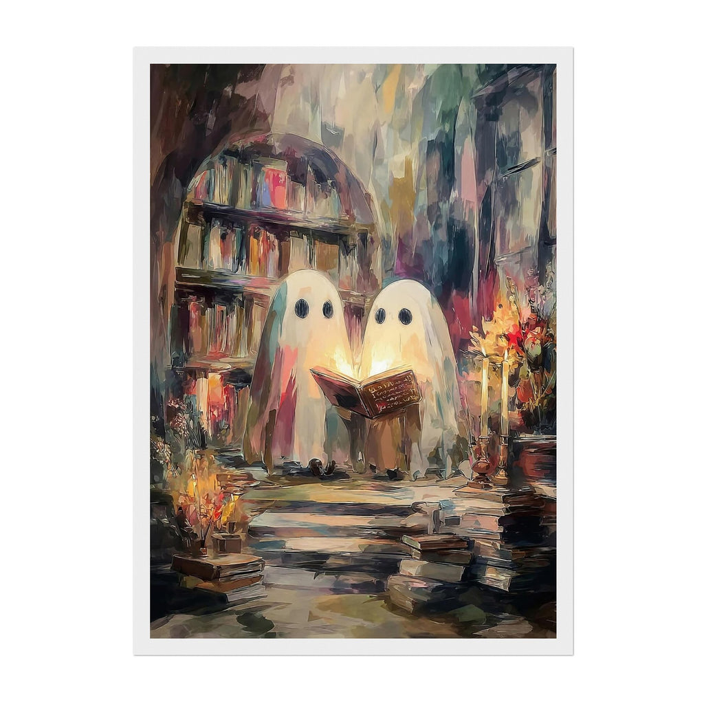 A framed art print featuring an impressionistic painting of two white ghosts reading a glowing book in a dimly lit library with bookshelves and candles.