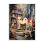A framed art print featuring an impressionistic painting of two white ghosts reading a glowing book in a dimly lit library with bookshelves and candles.