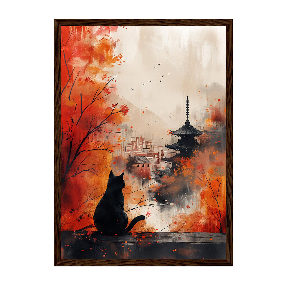 Japanese Cat Temple Art Print: Red Autumn Mist Pagoda City Scene