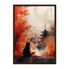 Japanese Cat Temple Art Print: Red Autumn Mist Pagoda City Scene