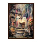 A framed art print featuring an impressionistic painting of two white ghost-like figures with large black eyes reading a glowing book in a dimly lit library filled with books and candles.