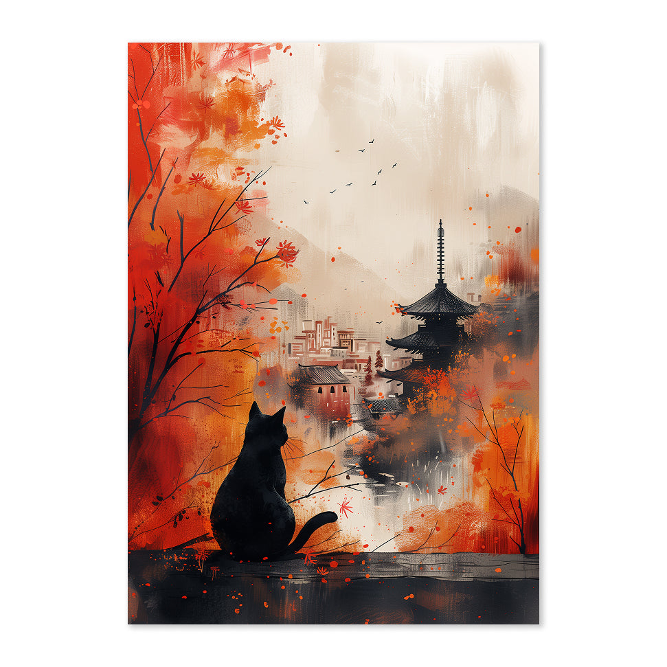 Artistic depiction of a cat sitting by a tree with autumn leaves and a pagoda in the background.