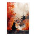 Artistic depiction of a cat sitting by a tree with autumn leaves and a pagoda in the background.