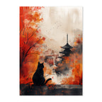 Artistic depiction of a cat sitting by a tree with autumn leaves and a pagoda in the background.