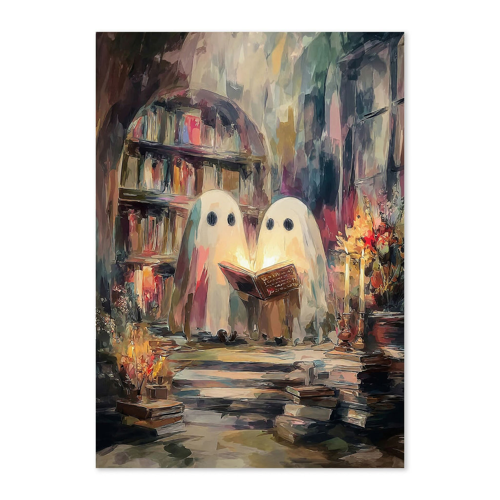 A vertical art print depicting two white ghosts reading a glowing book in a painterly library scene with bookshelves, candles, and stacked books.