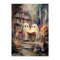 A vertical art print depicting two white ghosts reading a glowing book in a painterly library scene with bookshelves, candles, and stacked books.