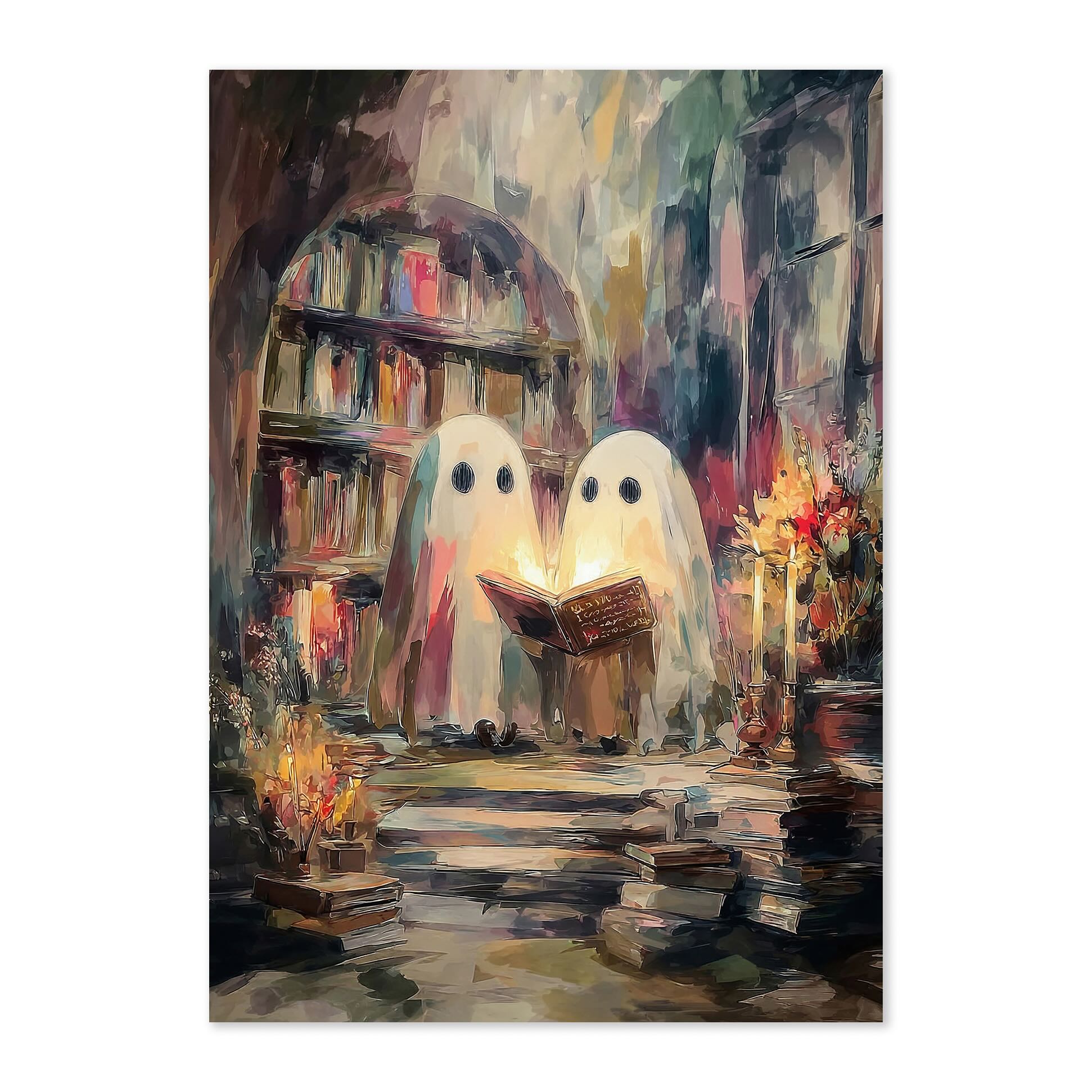 A vertical art print depicting two white ghosts reading a glowing book in a painterly library scene with bookshelves, candles, and stacked books.