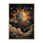 Celestial Earth Sun Art Print: Gold Cosmic Night Sky Vintage Scene