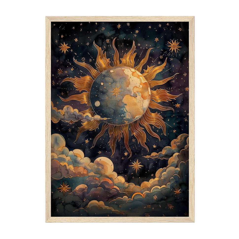 Celestial Earth Sun Art Print: Gold Cosmic Night Sky Vintage Scene
