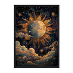 Celestial Earth Sun Art Print: Gold Cosmic Night Sky Vintage Scene