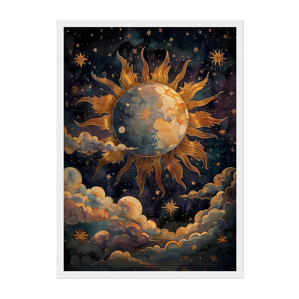 Celestial Earth Sun Art Print: Gold Cosmic Night Sky Vintage Scene