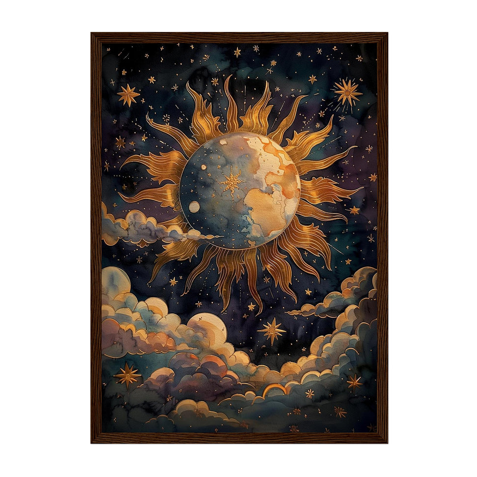 Celestial Earth Sun Art Print: Gold Cosmic Night Sky Vintage Scene