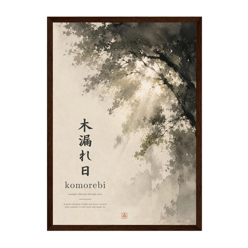 A framed art print featuring a Japanese-style ink wash of trees and the text 'komorebi' with English translation, enclosed in a dark brown wooden frame against a white background.