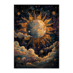 Decorative poster with a celestial design featuring a sun, moon, and stars on a dark background.