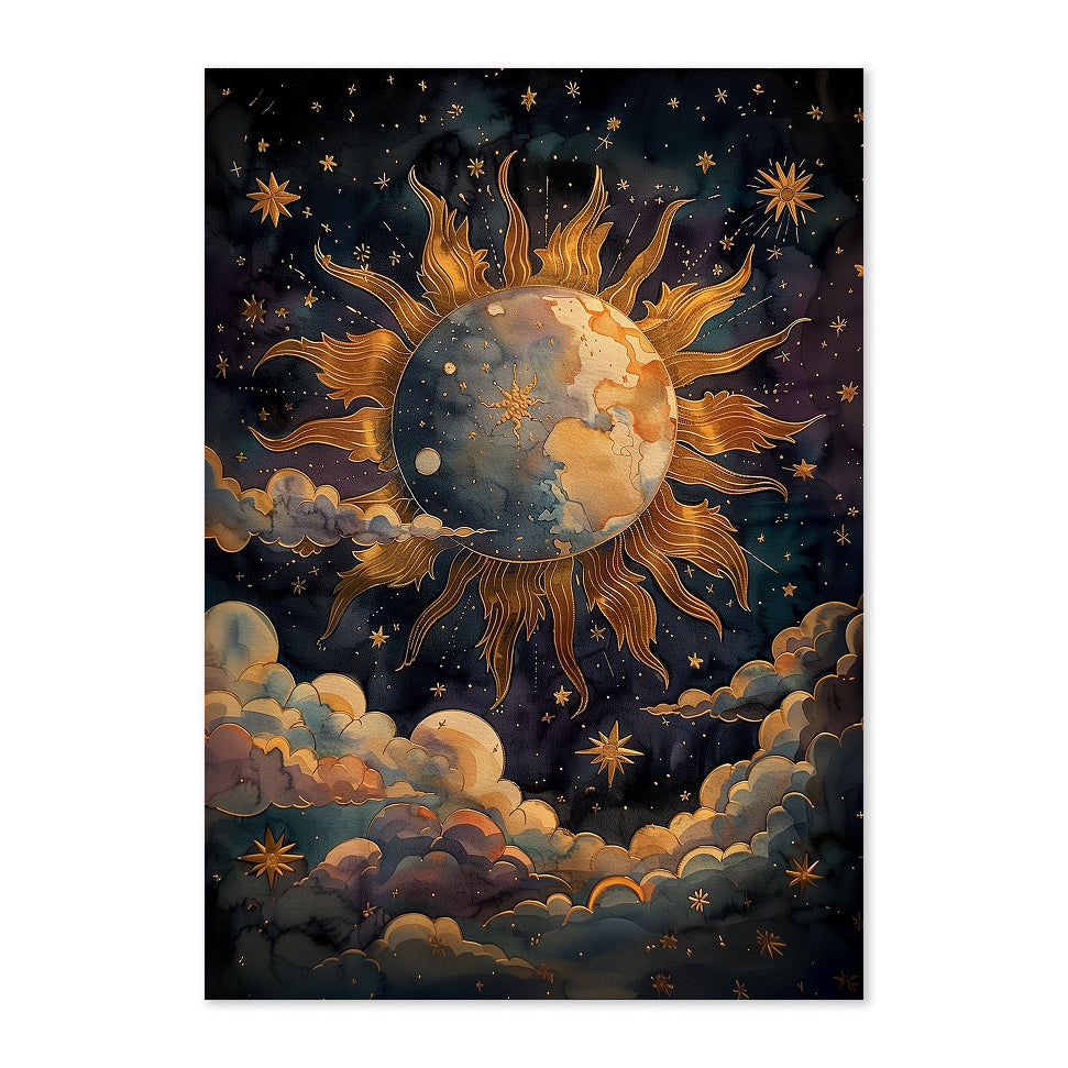 Decorative poster with a celestial design featuring a sun, moon, and stars on a dark background.
