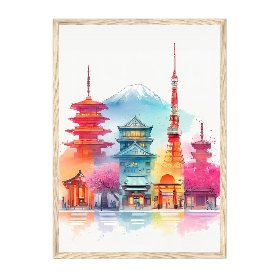Japanese Tokyo Skyline Art Print: Colorful Vibrant Landmark Cityscape Scene