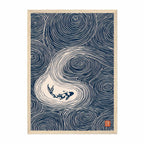 A framed art print featuring a Japanese-style illustration of a koi fish swimming in swirling wave patterns, with a light wood frame on a white background.