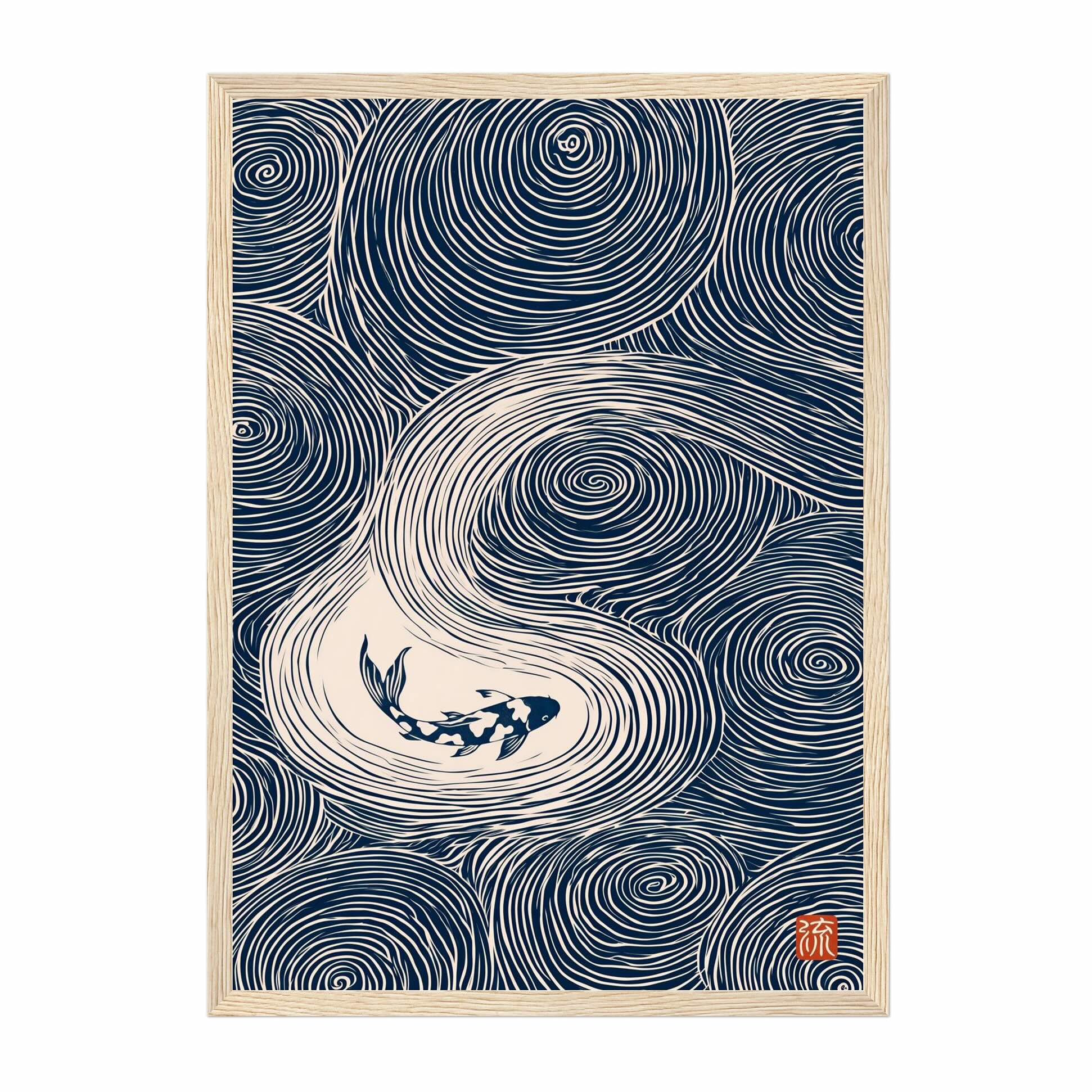 A framed art print featuring a Japanese-style illustration of a koi fish swimming in swirling wave patterns, with a light wood frame on a white background.