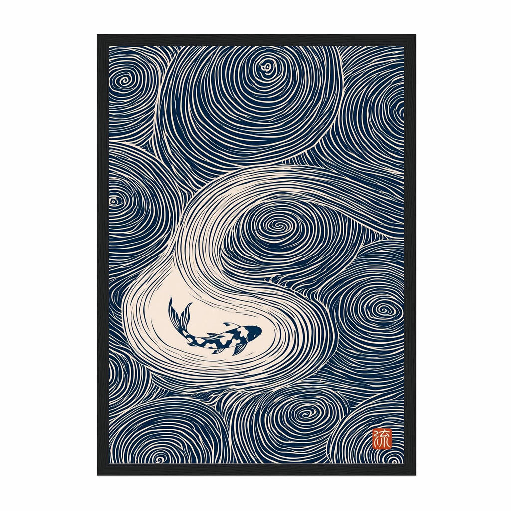 A Japanese-style art print featuring a koi fish swimming in a swirling wave pattern, rendered in navy blue and cream with a small red seal in the lower right corner.