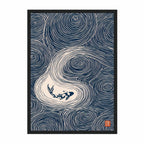 A Japanese-style art print featuring a koi fish swimming in a swirling wave pattern, rendered in navy blue and cream with a small red seal in the lower right corner.