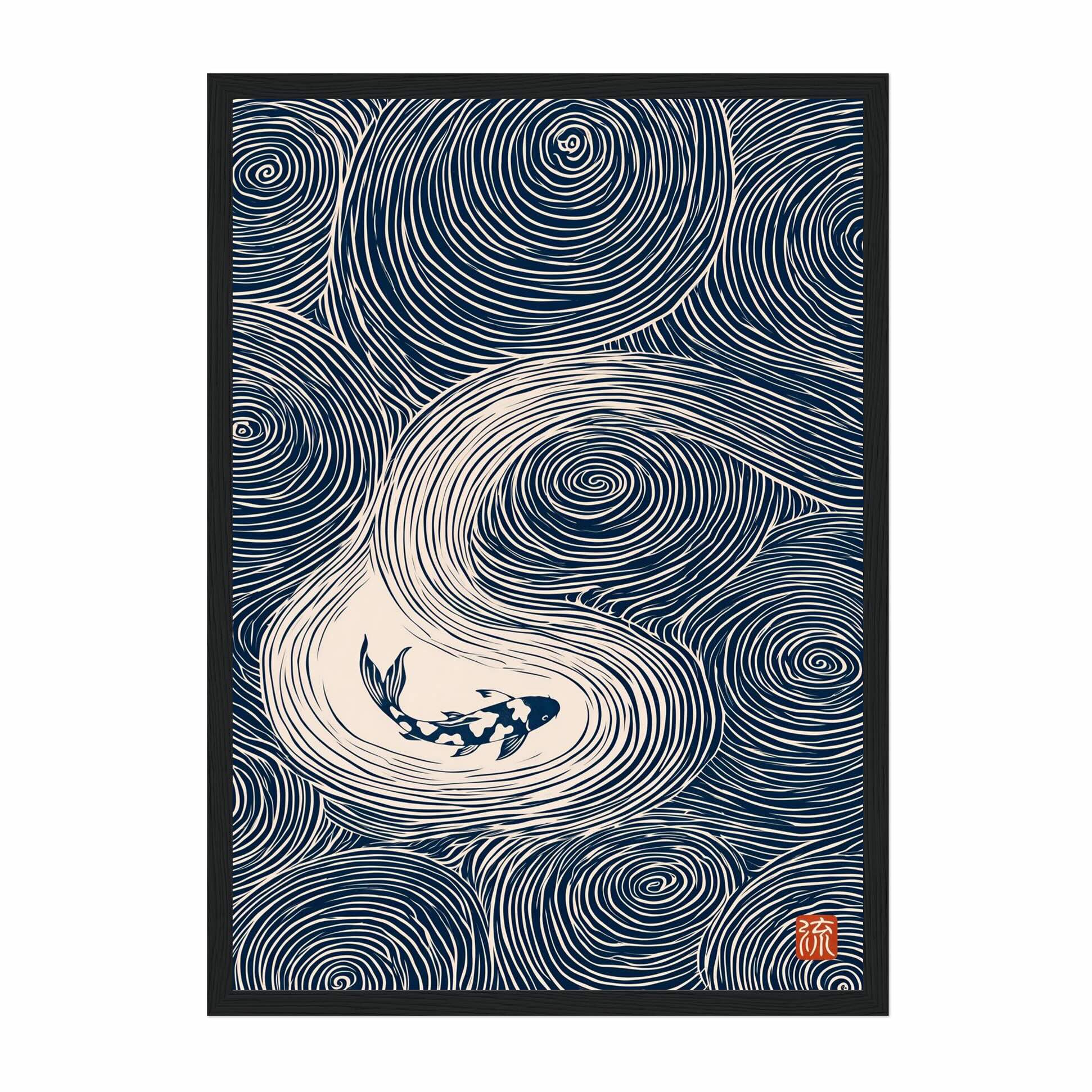 A Japanese-style art print featuring a koi fish swimming in a swirling wave pattern, rendered in navy blue and cream with a small red seal in the lower right corner.