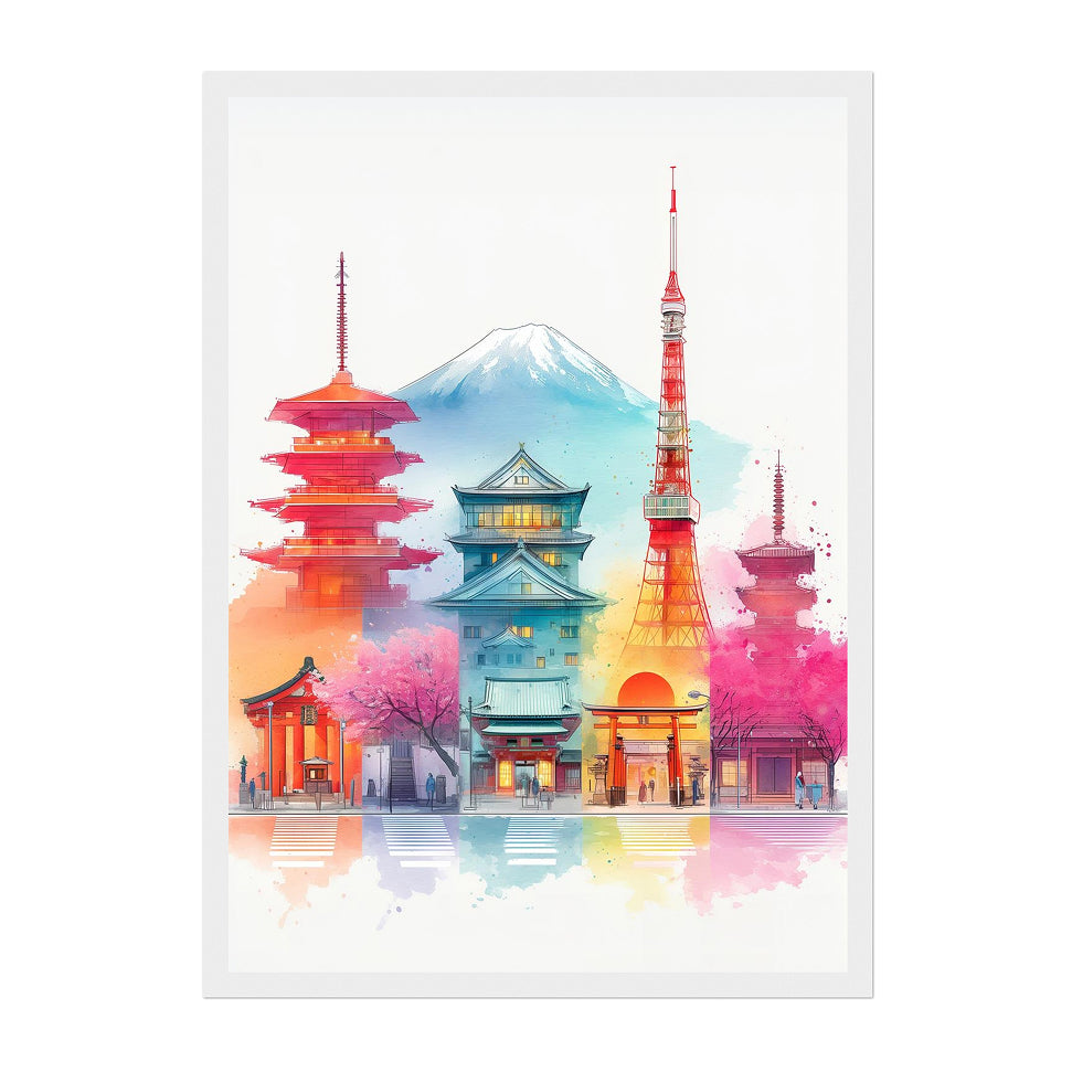 Japanese Tokyo Skyline Art Print: Colorful Vibrant Landmark Cityscape Scene
