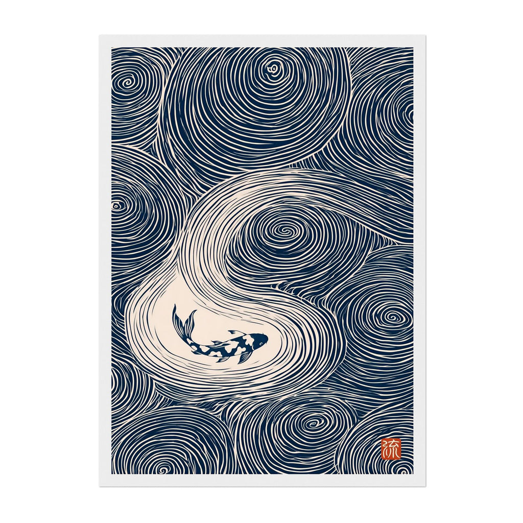 A Japanese-style art print featuring a koi fish swimming in a swirling wave pattern, rendered in navy blue and cream with a small red seal in the lower right corner.