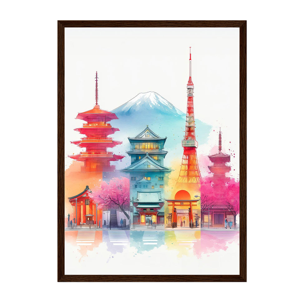 Japanese Tokyo Skyline Art Print: Colorful Vibrant Landmark Cityscape Scene