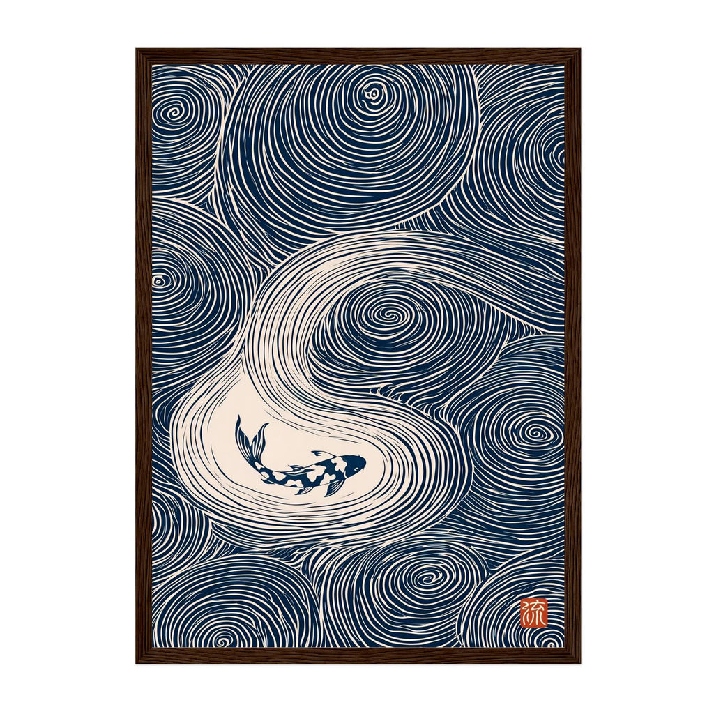 A Japanese-style art print featuring a koi fish swimming in a swirling wave pattern, rendered in navy blue and cream with a small red seal in the lower right corner.