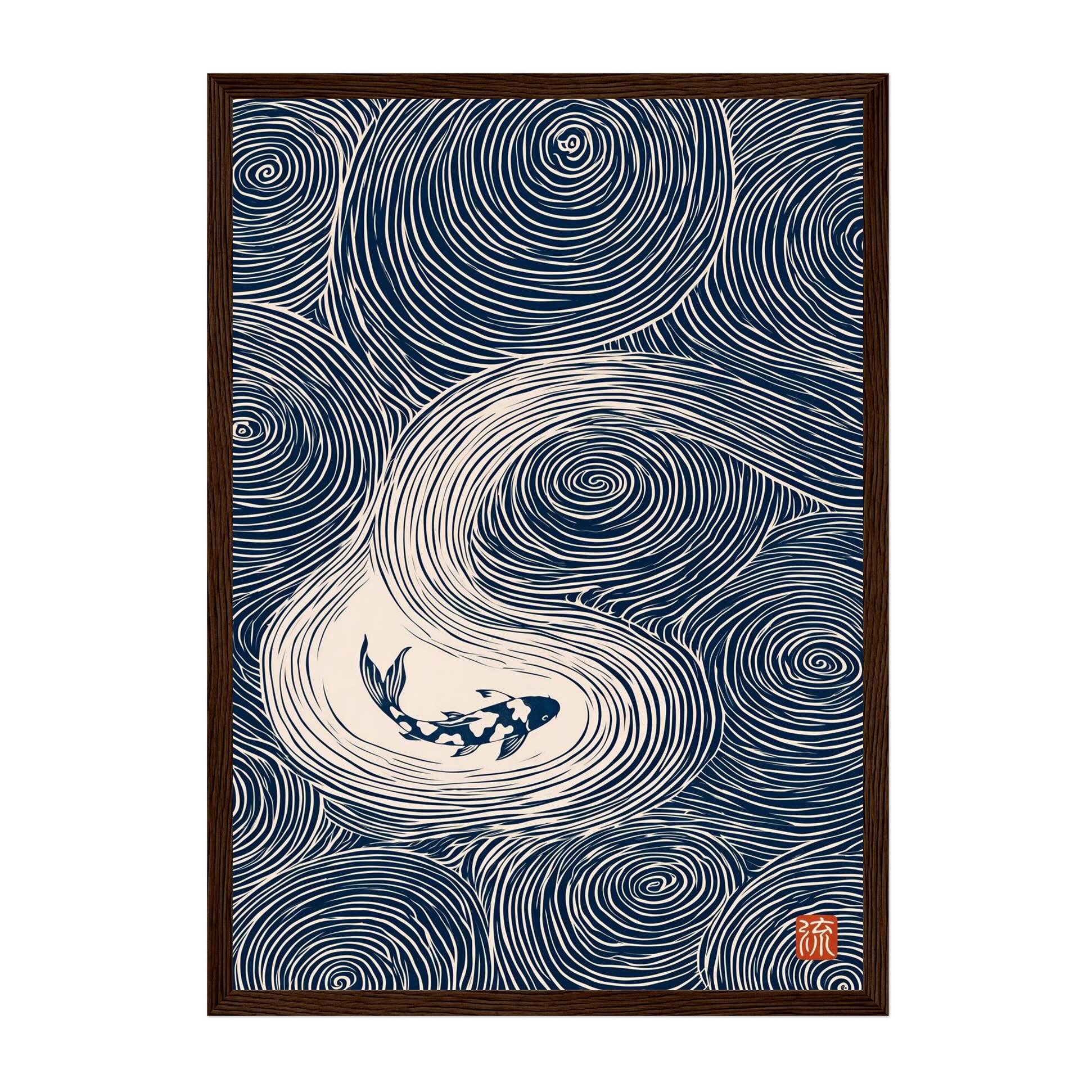 A Japanese-style art print featuring a koi fish swimming in a swirling wave pattern, rendered in navy blue and cream with a small red seal in the lower right corner.