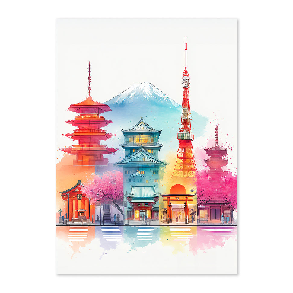 Japanese Tokyo Skyline Art Print: Colorful Vibrant Landmark Cityscape Scene