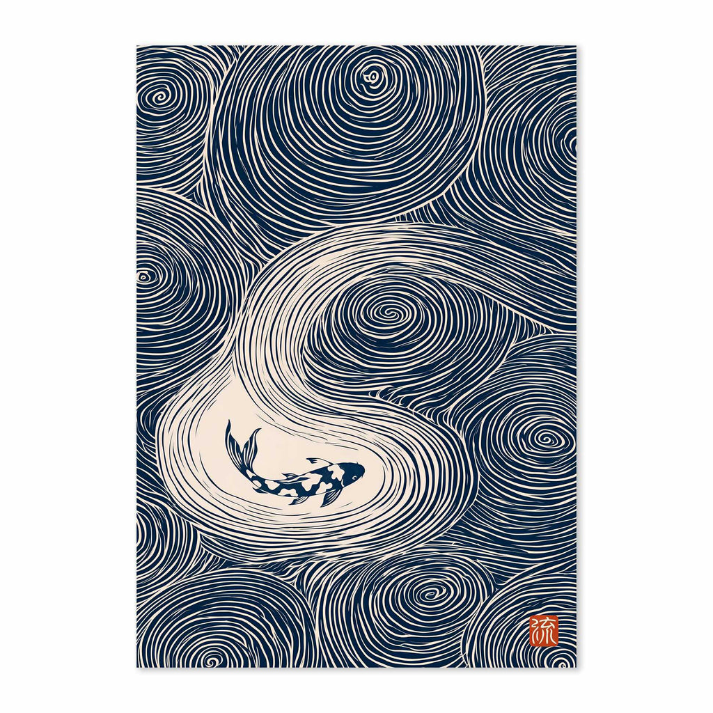 A vertical art print featuring a navy blue and cream Japanese-style design with swirling wave-like patterns and a koi fish near the center, shown against a light gray background.