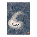 A vertical art print featuring a navy blue and cream Japanese-style design with swirling wave-like patterns and a koi fish near the center, shown against a light gray background.