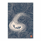 A vertical art print featuring a navy blue and cream Japanese-style design with swirling wave-like patterns and a koi fish near the center, shown against a light gray background.