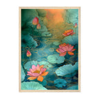 Lotus Pond Art Print: Teal Pink Serene Water Garden Scene