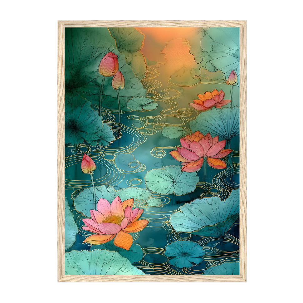 Lotus Pond Art Print: Teal Pink Serene Water Garden Scene